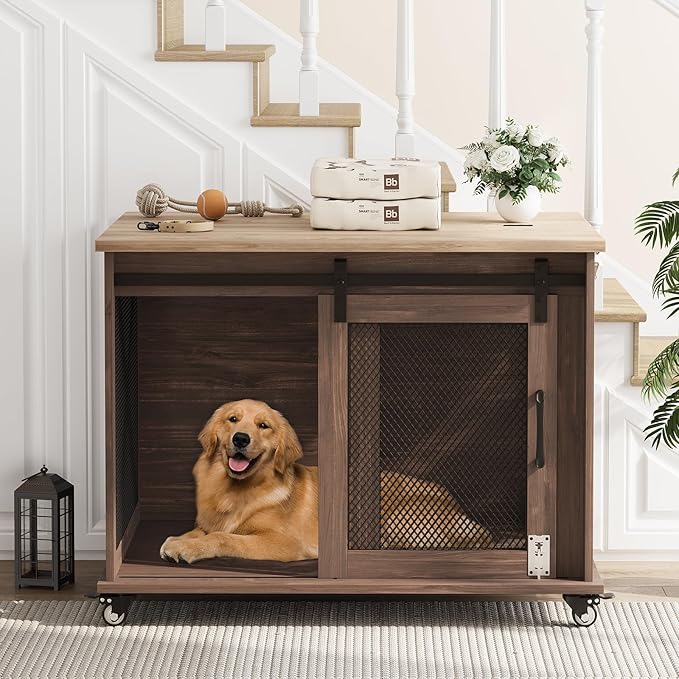 Dog Crate Furniture,37 Inch Indoor Dog Cage with Sliding Barn Door, Flip Top Dog Kennel End Table with Removable Divider, Farmhouse Wooden Pet House for Small to Middle Size Dogs-PawvioPets