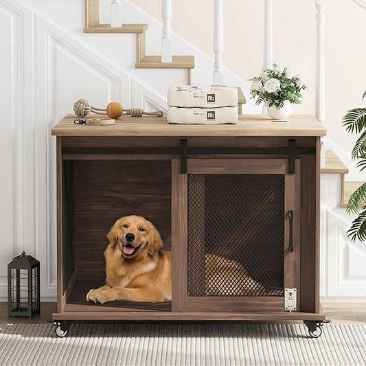 Dog Crate Furniture,37 Inch Indoor Dog Cage with Sliding Barn Door, Flip Top Dog Kennel End Table with Removable Divider, Farmhouse Wooden Pet House for Small to Middle Size Dogs-PawvioPets