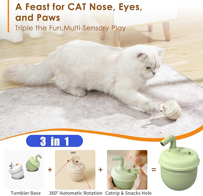 Automatic Laser Cat Interactive Toy, Self-Balancing 360° Auto-Spin Laser Pointer with Catnip Hole, Triple-Sensory – Kitten Sight, Smell & Touch, Boredom Relief Toy for Indoor Adult Cat (white)-PawvioPets
