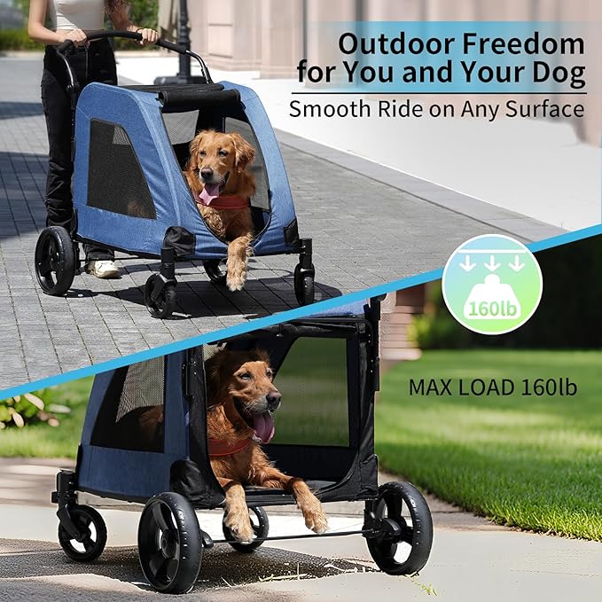 EchoSmile Heavy-Duty Large Dog Stroller with Shock-Absorbing Wheels, Foldable Pet Travel Carrier for Medium & Large Dogs, 5 Mesh Windows, 160 lbs Capacity, Easy Assembly & Storage-PawvioPets