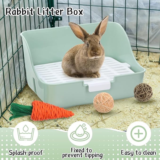 15 Pcs Rabbit Starter Kit Small Rabbit Litter Box Animal Grooming Kit Bunny Toys Bowl Blankets with Cleaning Set for Guinea Pig Accessories(Green)-PawvioPets