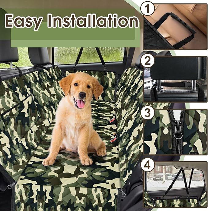 Dog Car Seat Cover, Durable Waterproof Scratch Proof Nonslip Dog Hammock, Pet Back Seat Covers with Pocket for Cars SUVs and Trucks - S, Camouflage-PawvioPets