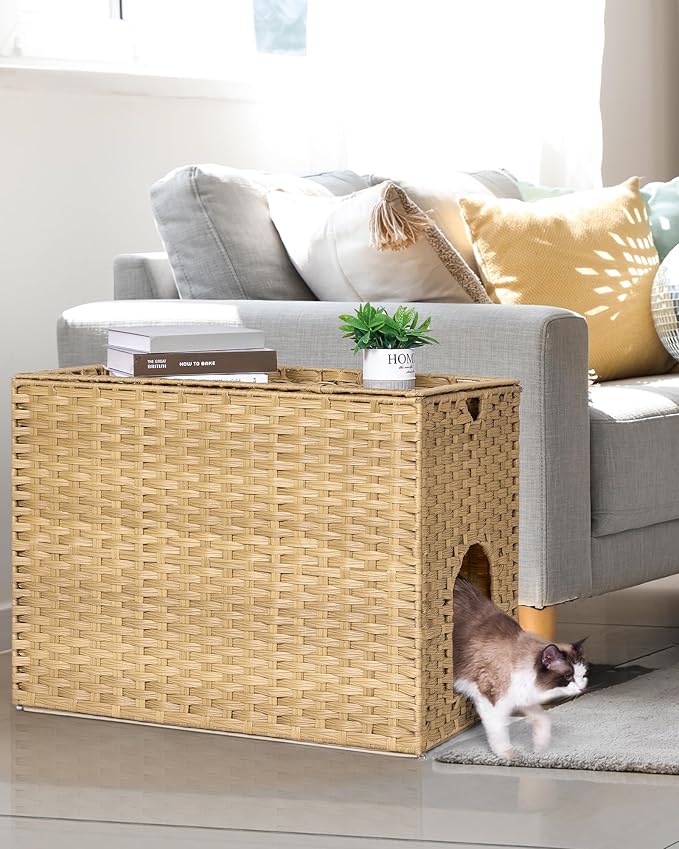 Cat Litter Box Enclosure with Litter Trapping Mat; Handwoven Plastic Rattan Cat House; No Installation Hidden Cat Washroom; Pet Crate for Balcony,Bedroom,Living Room-PawvioPets