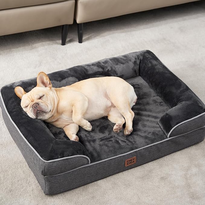 EHEYCIGA Orthopedic Dog Beds for Large Dogs, Waterproof Memory Foam Large Pet Bed with Sides, Non-Slip Bottom and Egg-Crate Foam Dog Couch Bed with Washable Removable Cover, Dark Grey-PawvioPets