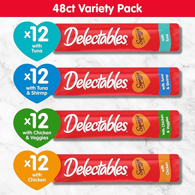Delectables Squeeze Up Variety Pack, Creamy Squeezable Puree, Lickable Wet Cat Treats, Grain Free, No Added Fillers, No by-Products, No Added Preservatives, 0.5 Ounces Tube, 48 Tubes Total-PawvioPets