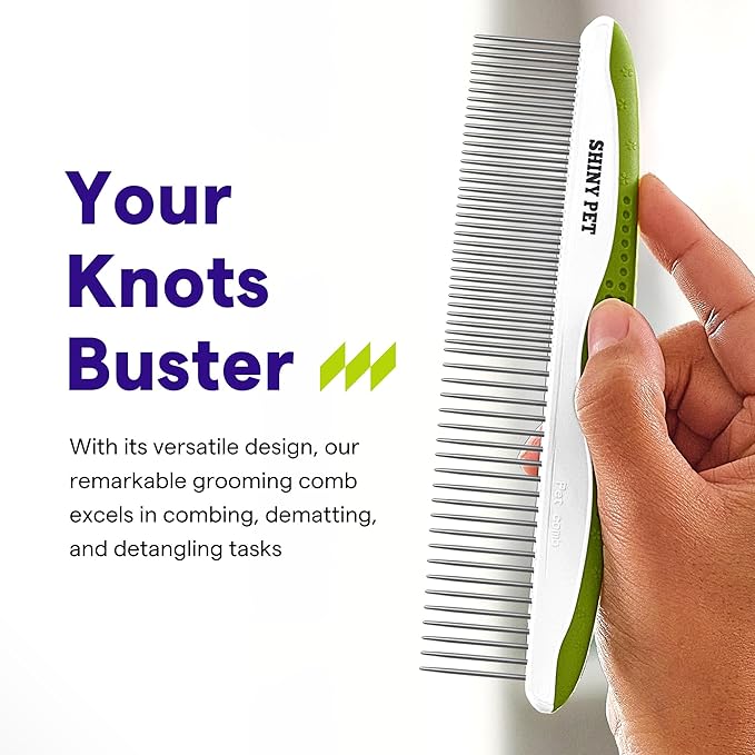 Dog & Cat Comb – Removes Tangles, Knots, and Matted Fur – Grooming Tool with Stainless Steel Teeth and Non-Slip Handle – Best Pet Hair Comb for Home Grooming Kit – Includes eBook Guide-PawvioPets