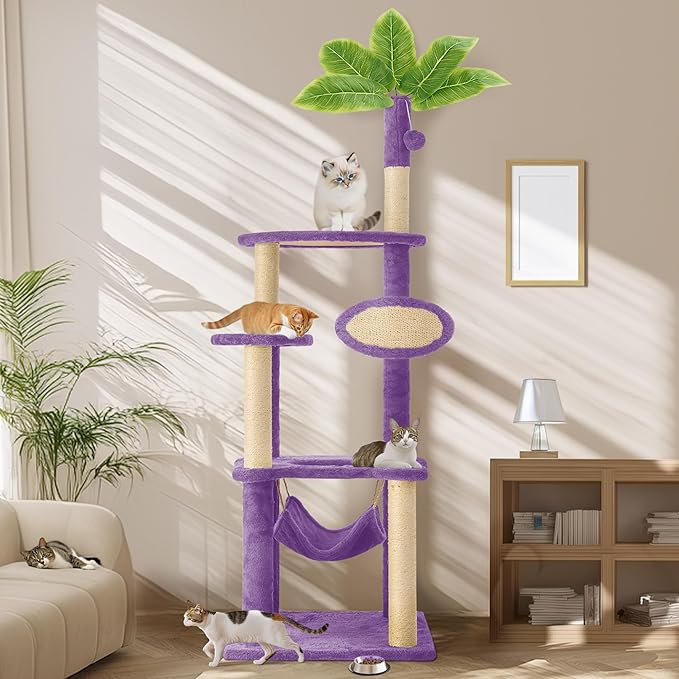 55 Inch Large Cat Tree Tower for Indoor Cats with Hammock Green Leaves Sisal Scratching Post, Plush Hang Ball Play Furniture for Kittens & Adult Cats, New Purple-PawvioPets