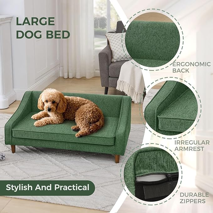 Dog Sofa Couch for Medium to Large Dogs, Durable Pet Sofa with Washable Fabric, Elevated Mini Dog Bed with Wooden Legs for Medium and Large Dogs, Dark Grey-PawvioPets