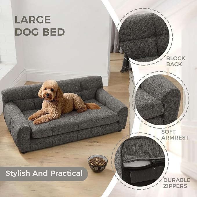 Dog Couch Bed, Mini Sofa for Dogs with Backrest and Armrest, Durable Pet Sofa with Soft Foam Cushion, Elevated Dog Couch Bed with Legs for Medium and Large Dogs, Stone Grey-PawvioPets