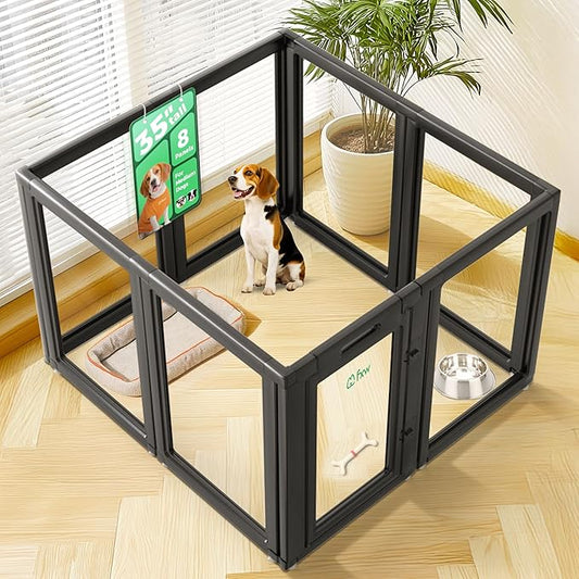 FXW AuraSpace Acrylic Indoor Unleashed Dog Playpen for Medium Dogs, 35 Inch, 8 Panels, Black-PawvioPets