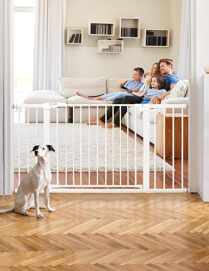 BABELIO 36-57" Extra Wide Baby/Dog Gate, Auto Close with Large Walk Thru Door,Safety for Pet, House, Stairs and Doorways, Pressure Mounted for Chlid, White-PawvioPets