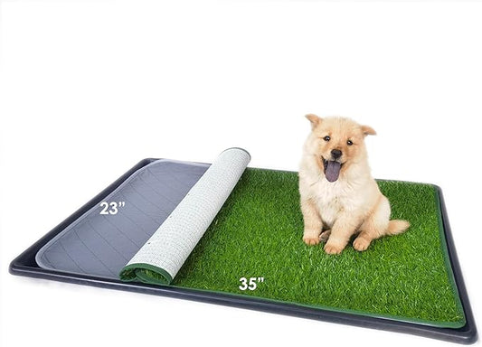 Dewonch Dog Artificial Grass Pad with Tray for Puppy Potty Training, Fake Turf Patch & Washable Pee Pad Pet Loo for Small and Medium Dogs, Indoor or Outdoor Use (Potty System 35.4” x 23.6”)-PawvioPets