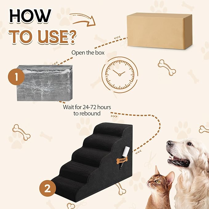 Dog Stairs, Romrol Dog Steps Ramp for High Bed and Couch, Dogs Ramp with Durable Non-Slip Waterproof Fabric Cover, Pet Stairs for Small Dogs and Cats or Pets Joints, 4-TiersBlack-PawvioPets