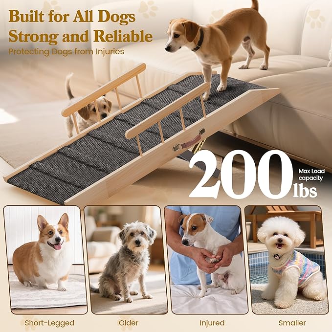 Dog Ramp for Bed Couch, Pet Ramp for Small Medium Old Dogs Cats with 10 Adjustable Heights from 5.91" to 19.69", 47" Long Portable Non-Slip Dog Bed Ramp for High Bed, Couch, Hold up to 200 LBS-PawvioPets