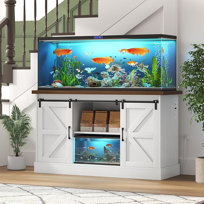 55-75 Gallon Fish Tank Stand with Sliding Barn Doors & Power Outlet, Heavy Duty Aquarium Stand with Cabinet Storage for Fish Tank, Turtle Tank, Reptile Terrarium, 1000LBS Capacity, White-PawvioPets