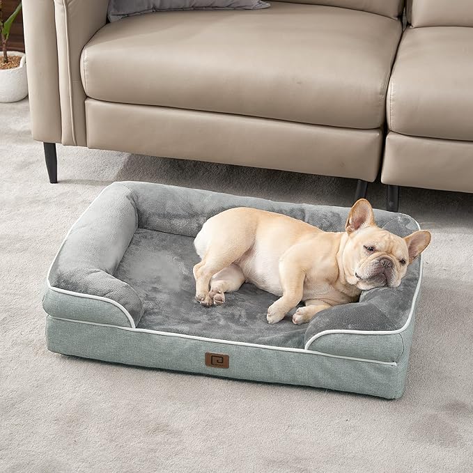EHEYCIGA Orthopedic Dog Beds for Large Dogs, Waterproof Memory Foam Large Pet Bed with Sides, Non-Slip Bottom and Egg-Crate Foam Dog Couch Bed with Washable Removable Cover, Greyish Green-PawvioPets