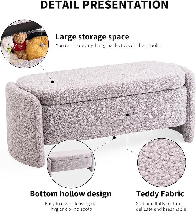 48 Inch Lamb Fleece Oval Storage Bench Upholstered Ottoman Bench with Storage, Bedroom Bench with Large Storage Space, for Bedroom Living Room Entryway, Grey-PawvioPets
