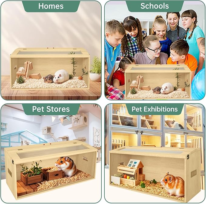 32" Hamster Habitat Enclosure, Top Opening Lockable Roof Door, Gerbil Dwarf Hamster Cage with Hygrometer, Chewproof Syrian Hamster Cage for Mice, Small Animal, (Wooden, 32" L x 16" W x 16" H)-PawvioPets