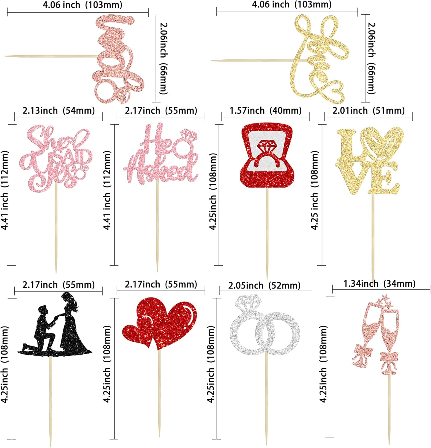 Ephlyn 30Pcs He Asked She Said Yes Cupcake Toppers Glitter Engagement Cupcake Toppers Diamond Ring Heart Love I Do Cupcake Picks for Engagement Wedding Party Cake Decorations Multicolor