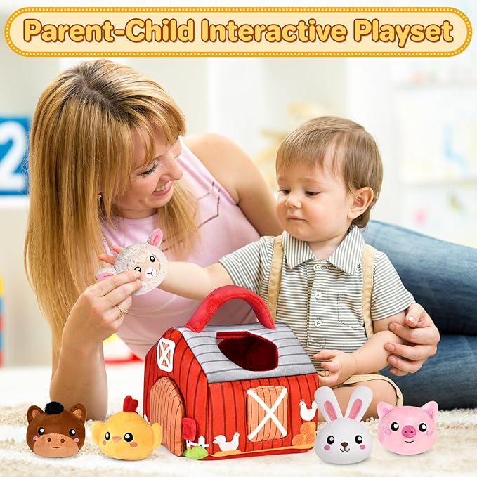 Baby Toys 0-12 Months, Plush Toy Set- 4 Sensory Soft Toys with Crinkle, Rattles for 0-3-6-9-12 Month Newborn Infant, 1st Birthday for Babies Boys Girls Age 1+ (Barn with Farm Animals)-PawvioPets