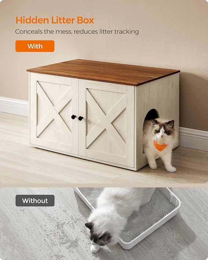 Feandrea Cat Litter Box Enclosure, Litter Box Furniture Hidden with Removable Divider, Indoor Cat House, End Table, 31.5 x 20.9 x 19.7 Inches, Honey Brown and Rustic White UPCL002P01-PawvioPets