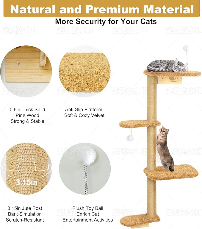 Brown Wall Mounted Cat Wall Climber & Tree for Kittens, 4 Platform Cat Shelves with Brown Plush Cushions, Floating Furniture for Climbing, Lounging, Scratching – 49” Tall-PawvioPets