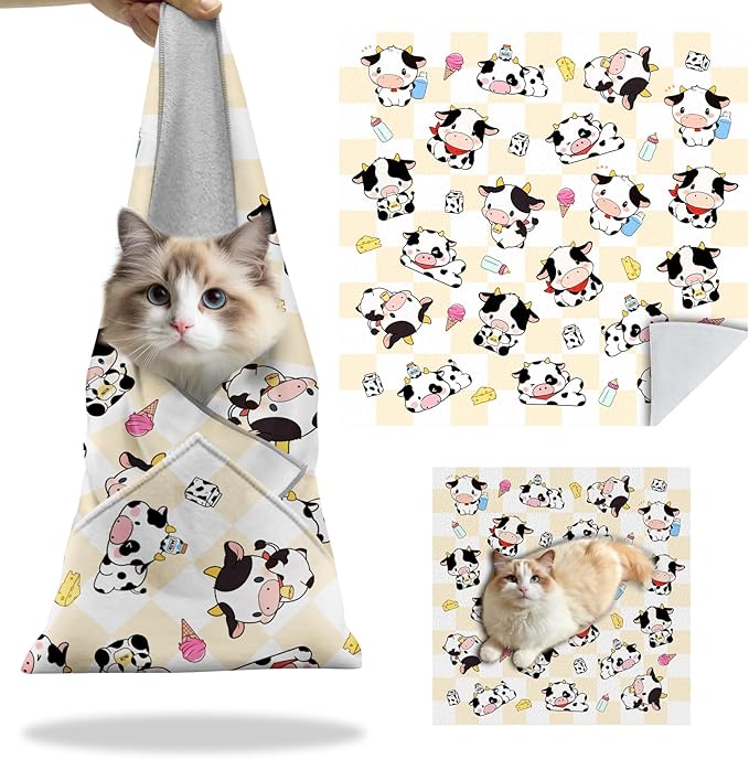 27.6" Cat Grooming Wrap, Self Adhesive Cat Wrap for Cutting Nails, Anti-Escape Calming Cat Swaddle Wrap for Medicine Ear Cleaning, Cartoon Cow Anti-Scratch Cats Burrito Restraint Blanket, Pet Tool-PawvioPets