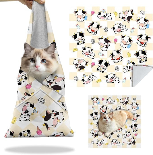 27.6" Cat Grooming Wrap, Self Adhesive Cat Wrap for Cutting Nails, Anti-Escape Calming Cat Swaddle Wrap for Medicine Ear Cleaning, Cartoon Cow Anti-Scratch Cats Burrito Restraint Blanket, Pet Tool-PawvioPets