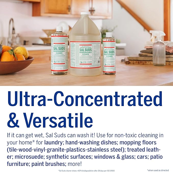 Dr. Bronner's - Sal Suds Biodegradable Cleaner (1 Gallon) - All-Purpose, Pine Cleaner for Floors, Laundry and Dishes, Concentrated, Cuts Grease and Dirt, Powerful Formula-PawvioPets