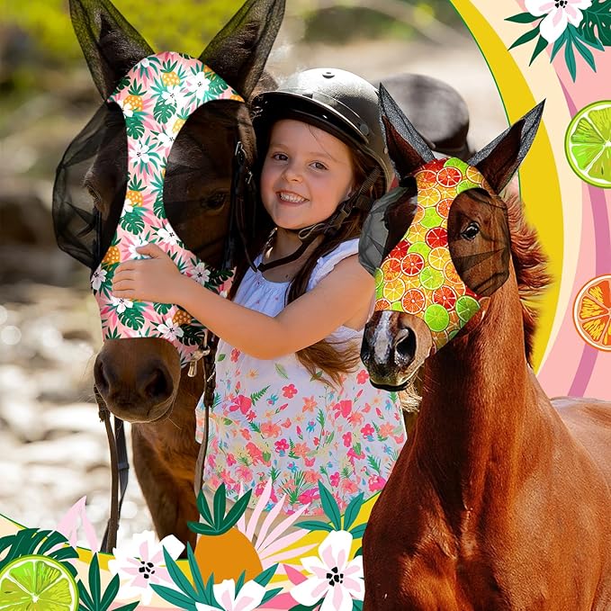 Frienda 4 Pieces Horse Fly Masks with Ears Face Covering UV Protection from Insect Pests Elasticity Smooth Comfortable Mesh Horse Mask Accessories(Fruit,Medium)-PawvioPets