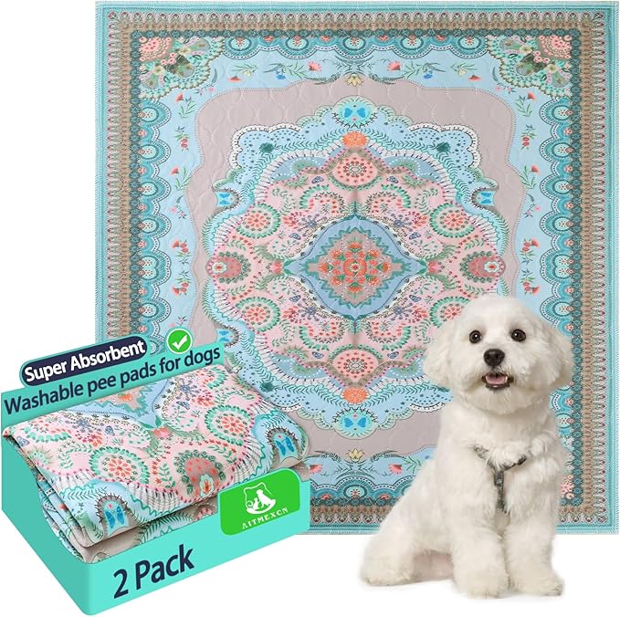 Aitmexcn Washable Pee Pads for Dogs, Reusable 24’’x 48’’ Waterproof Boho Mats for Puppy, Guinea Pig, Rabbit,Highly Absorbent,Ultra Soft, Non-Slip,Machine Washable,Stylish Design,2 Pack-PawvioPets