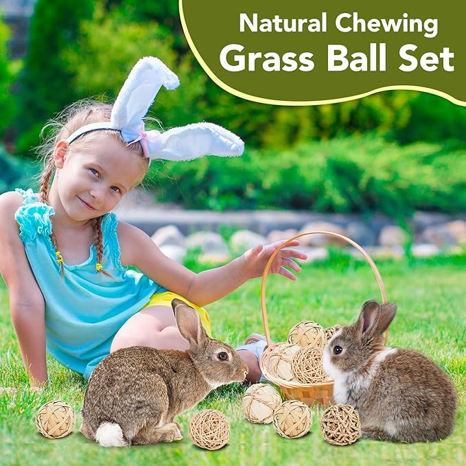 8 Pack Small Pet Chew Toys - 7cm Natural Woven Balls for Rabbits, Guinea Pigs, Hamsters (2 Seagrass, 2 Rattan, 2 Corn Husk, 2 Seaweed Rope) - Safe Dental Grinding Toys-PawvioPets