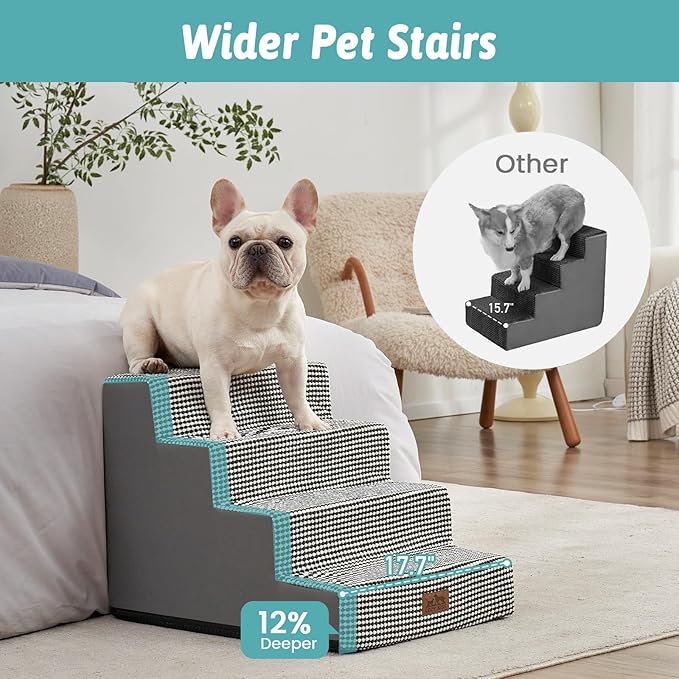 Dog Stairs for Small Dogs, 4 Tier Wider Pet Stairs for Couch and Beds, 17.7" H Non-Slip Dog Steps for Old Cats, Puppy, Small Medium Dogs, 17.7x23.6x17.7 inch, White Black-PawvioPets
