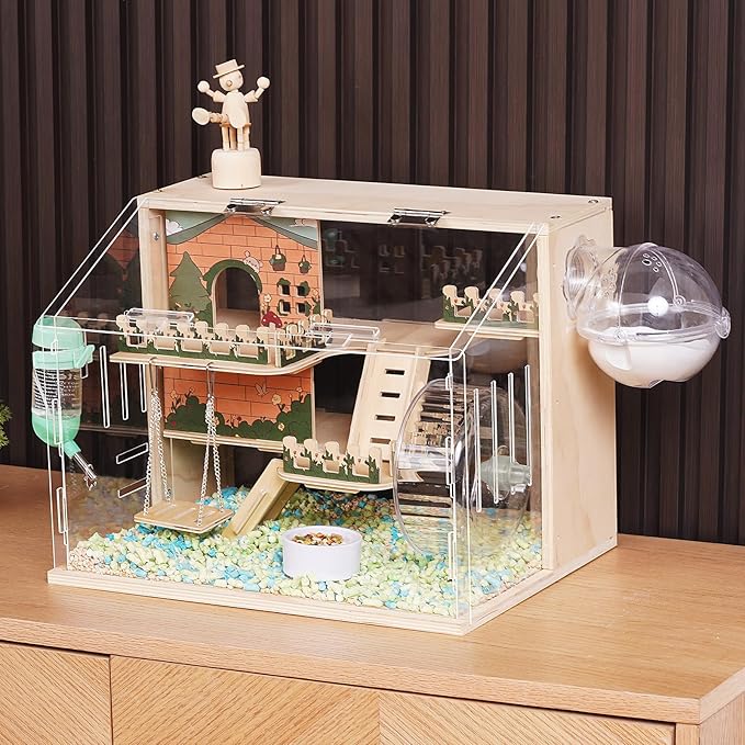 11 in 1 Wooden Hamster Cage with All Accessories, 15.8 Inch 3-Layer Dwarf Hamster Cage Acrylic,Small Animal Cages, Pastoral Style Mouse Cage for Pet Mice, Hedgehog, with Stairs, Fences and Swing-PawvioPets