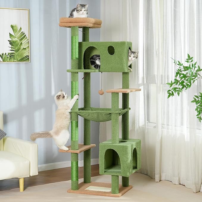 72” Cat Tree for Large Cats Big Cat Tower with Enlarged Hammock 21.6x17.7” Spacious Cats Condo House and Roomy Top Bed and Multiple Scratch Posts for Indoor Adult Cats (Green, XLarge-72)-PawvioPets