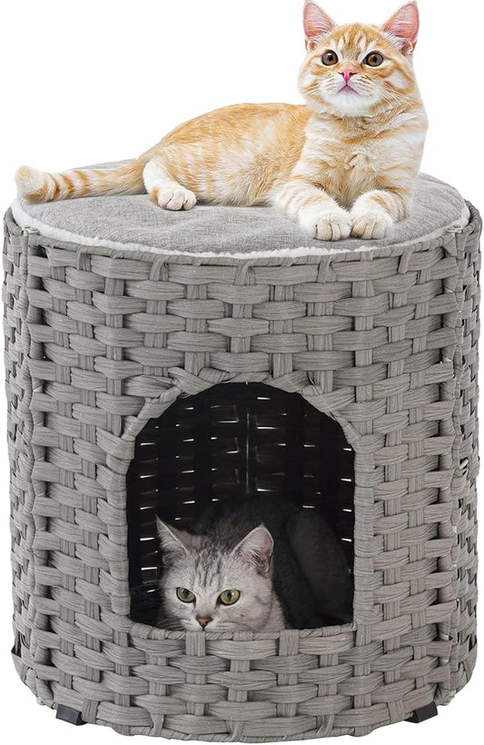 Cat House for Indoor Cat, Large Double Cat Houses Cat Bed Cave, Handwoven Rattan Pet Beds with One Soft Pad, 17 x 17 x 17 Inches Foldable Kitten Hideaway in Living Room Gray-PawvioPets