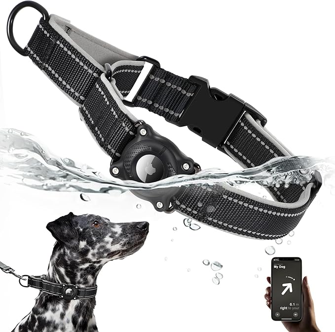Airtag Dog Collar with Martingale Design, IP68 Waterproof Air Tag Collar Holder, Adjustable Reflective Soft Padded Nylon Dog Collar for Large Medium Small Dogs-PawvioPets