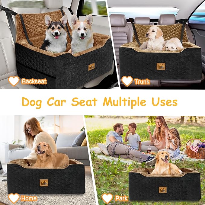 Dog Car Seat for Small/Medium Dogs, Memory Foam Dog Booster Seat, Travel Safety Per Car Seat with Washable Removable Cover, Storage Pockets for Dogs up to 35 lbs(BlackBrown)-PawvioPets