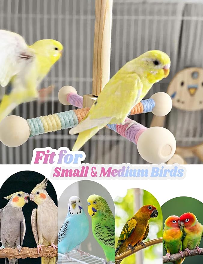 Bird Stand Perch Toy for Small & Medium Birds, 360° Rotating Natural Wooden Parrot Perchs for Bird Cages, Interactive Spinning Toy fo Parrot Parakeets Cockatiels Lovebirds Conures Finches Budgies-PawvioPets