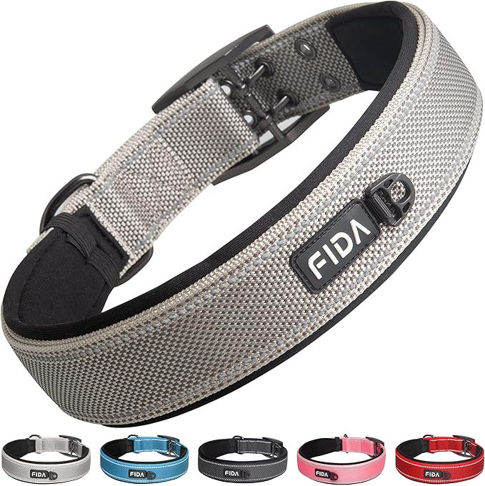 Fida Heavy Duty Dog Collar 1.5” Width, Ultra Soft Neoprene Padded, Adjustable Reflective Nylon Pet Collar with Two Metal Pin Belt Buckle for Large/X-Large Breeds (XL, Grey)-PawvioPets