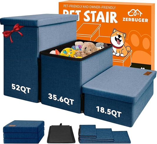 Dog Stairs with Storage 18" H, 3-Step Wider Dog Steps for Small/Medium/Large Dogs Cats, Folding Sturdy Pet Stairs Climbing Bed or Sofa, Ramp for Car Hold Up to 200 lbs (Navy Blue, No Condo)-PawvioPets