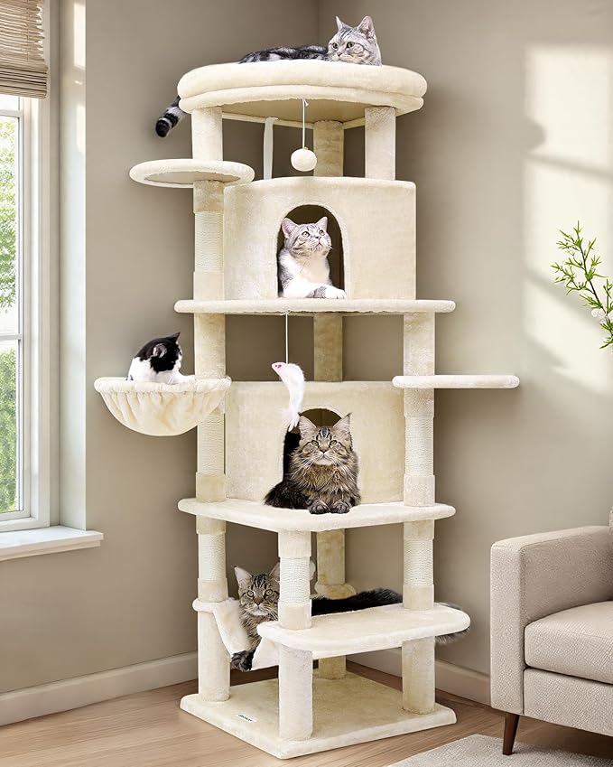 Globlazer Corner Cat Tree for Large Cats, 66inch Tall Curved Series Large Cat Tower for Multiple Indoor Cats with 6 Scratching Posts, 2 Spacious Cat Condos, Hammock, Hanging Basket, C66, Beige-PawvioPets