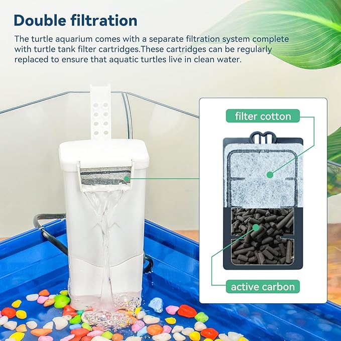 Aquatic Turtle Tank Habitat Kit Stone+Filter+Heat Lamp Enhancing Interaction with 360° Viewing, Standalone Filtration, DIY Creative Zone, Enriched Living (Blue, Large[with Light])-PawvioPets