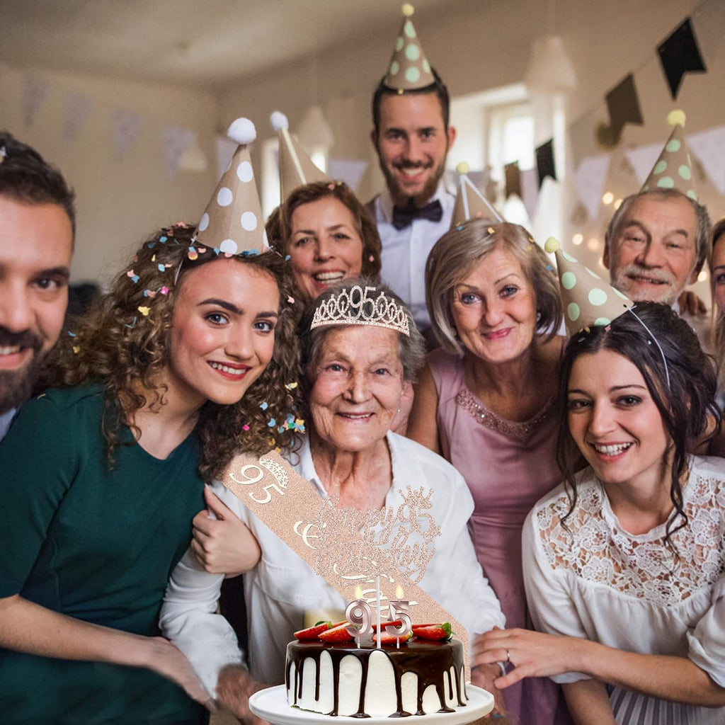 95th Birthday Decorations for Women Including Birthday Sash, Crown, Numeral Candles and Cake Topper, Rose Gold Party Decor Supplies