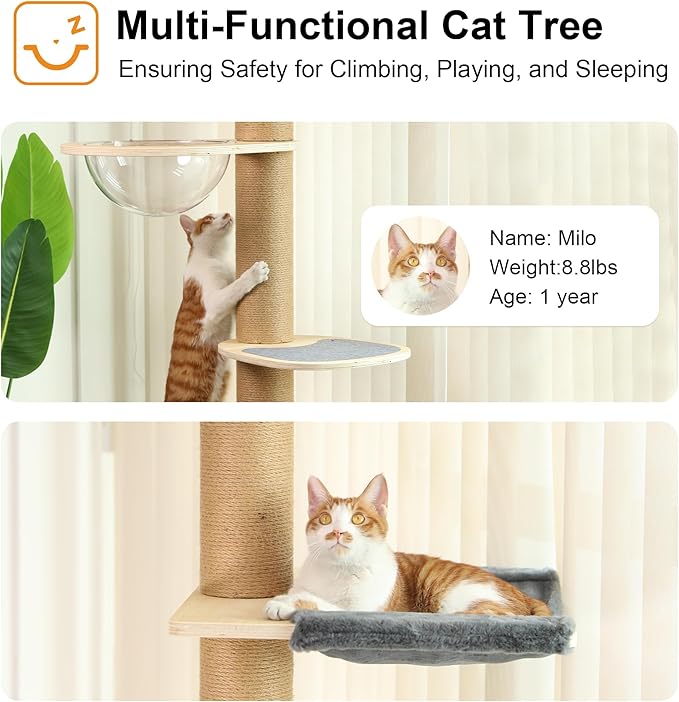 FUKUMARU Floor to Ceiling Cat Tree, 6 Level Adjustable Height (5.7-9.8 ft) Climbing Tower with Thickened Scratching Posts, Cats Activity Center with Transparent Capsule and Cozy Hammock-PawvioPets