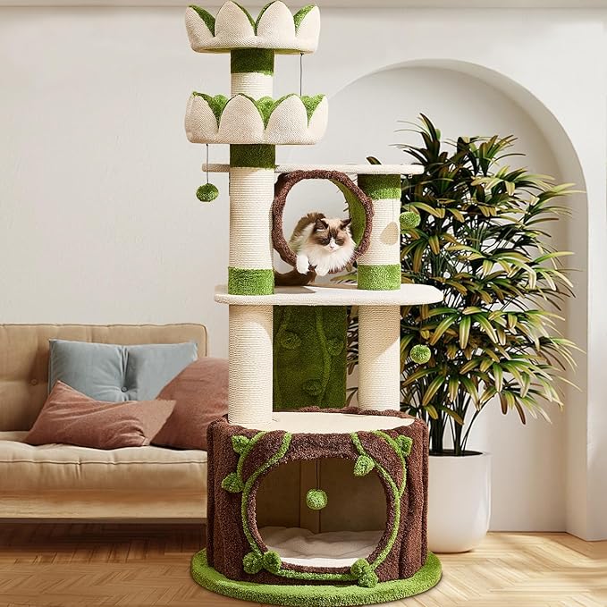 73‘’ Tall Flower Cat Tree for Indoor Cats Large Adult, Luxury Cat Tower with Scratching Post, Heavy Duty Modern Cat Furniture for Large Cats, Removable Mats, Multi-Level Cat House with Toy Ball-PawvioPets