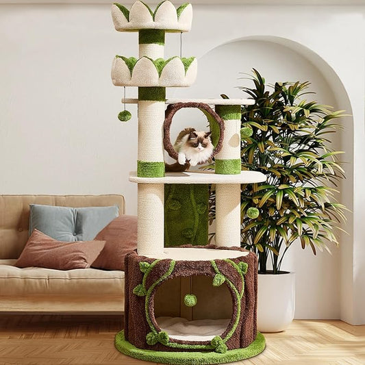 73‘’ Tall Flower Cat Tree for Indoor Cats Large Adult, Luxury Cat Tower with Scratching Post, Heavy Duty Modern Cat Furniture for Large Cats, Removable Mats, Multi-Level Cat House with Toy Ball-PawvioPets