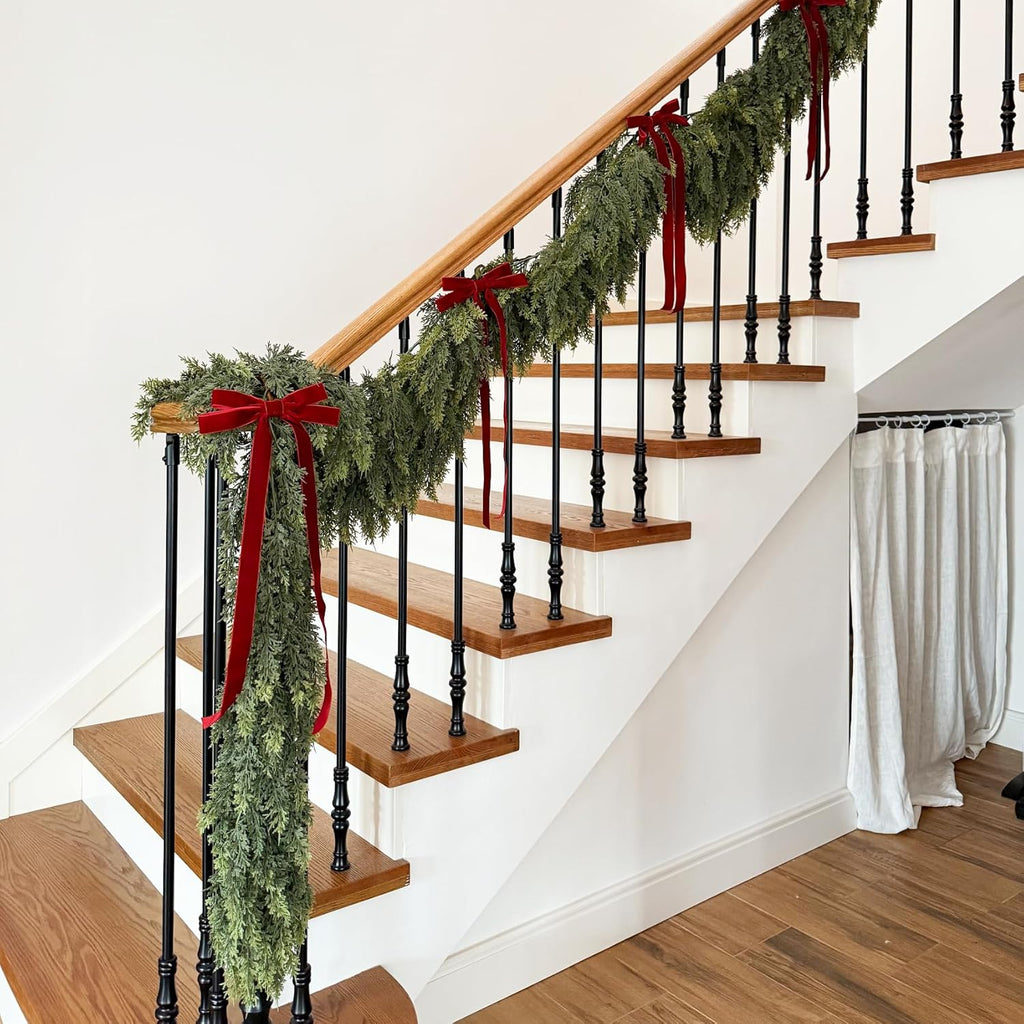 9FT 2PCS Artificial Cedar Garland for Christmas Decoration - Realistic Winter Greenery Garland for Mantel, Fireplace, Table, Door, Holiday Indoor Outdoor Decor