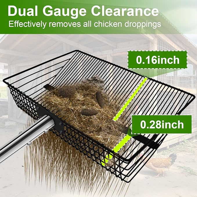 12inch Large Chicken Poop Scooper，2 Widths of Slots Litter Sifting Shovel （23 to 66"），Chicken Coop Litter Scoop with Stainless Steel Handle, 4 in 1 Multifunctional Heavy Duty Chicken Coop Accessories-PawvioPets