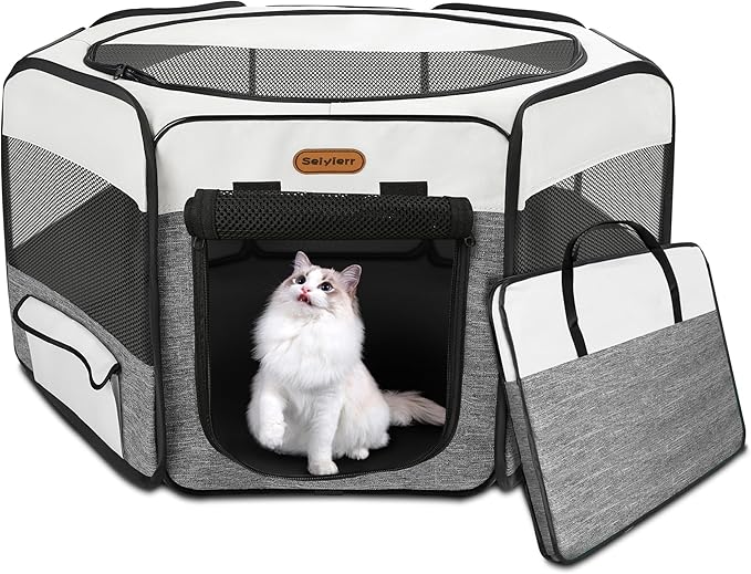 Dog Playpen, Portable Pet Play Pen Foldable Carrying Case, Puppy Pens Outsid for Small Cat Indoor/Outdoor, Removable Mesh Shade Cover-PawvioPets